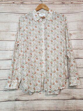 XIRENA Floral Beau Button Silk Cotton Shirt Size L Red Pink Green Women's Large